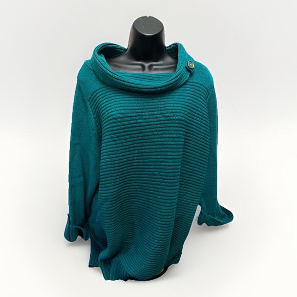 Jones New York XL Turquoise Ribbed Knit Sweater Cowl Neck Silver Button Detail - Picture 1 of 7